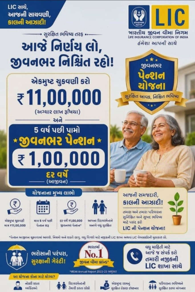 LIC જીવનભર પેન્શન યોજના – ₹ 11 Lakh એકવાર રોકાણ, કાલે નિશ્ચિત ₹ 1 Lakh આવક જીવનભર 